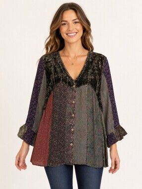 Young Threads Patchwork Floral Velvet Boho Tunic Top Size Large NWT